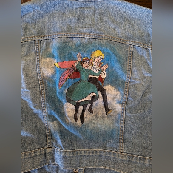 Hand-painted Howls Moving Castle Romantic Scene Lucky Brand Denim Jacket sz M - Picture 11 of 12